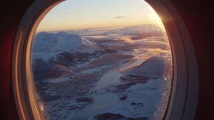 Aerial view of snow-covered mountains and a city at sunset from an airplane window