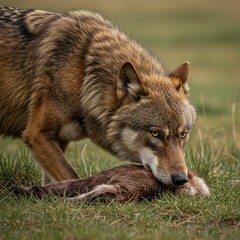 Fototapeta premium Bloodthirsty Wolf Enjoying a Fresh Kill in Nature