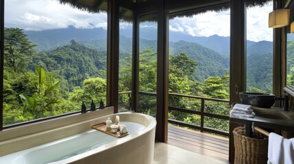 Fototapeta premium A spacious bathroom with floor-to-ceiling windows offering a scenic outdoor view.