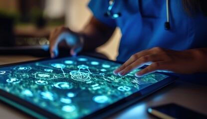 Doctor using tablet with medical data.