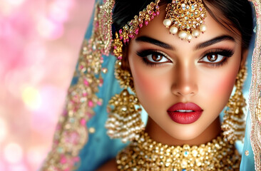 Fototapeta premium Woman wearing a blue and gold headpiece with a red nose and lips. The woman is wearing a gold necklace and earrings