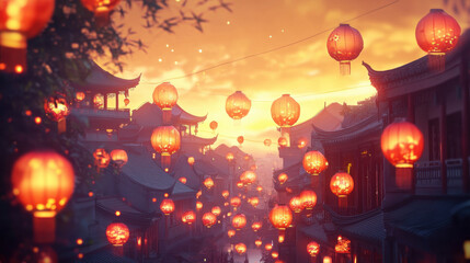 Asian street scene with red lanterns at sunset