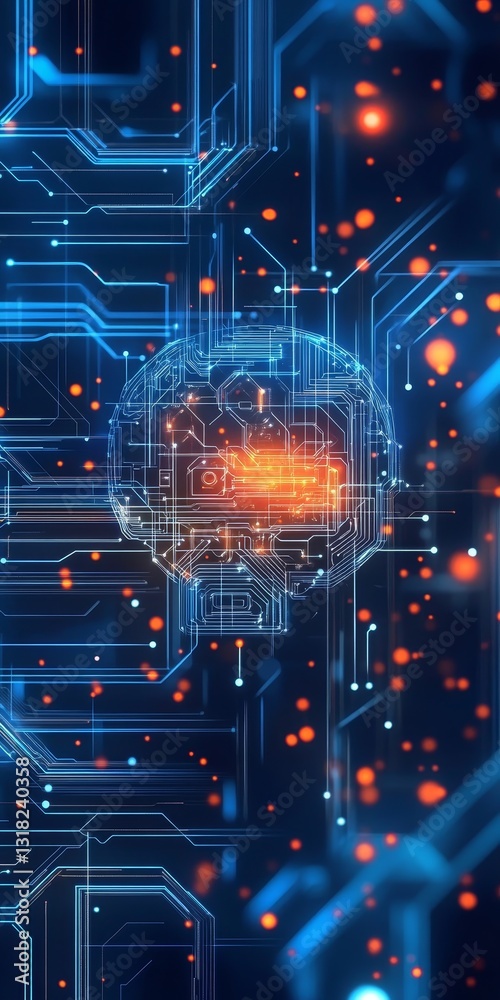 Poster this image features a futuristic digital brain integrated with circuit patterns, illuminated by glow