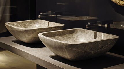 A stylish en-suite with subtle gray marble and a floating double sink.