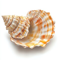 Obraz premium Two seashells, one spiral, one open, on white background.