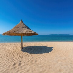 Relaxing beach with straw umbrella and ocean view.