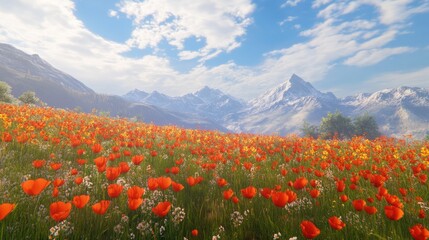 A scenic landscape featuring vibrant flowers and majestic mountains under clouds
