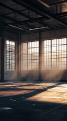 Fototapeta premium A serene industrial interior featuring large windows allowing sunlight to create beautiful beams and shadows, evoking tranquility and creativity in the space.