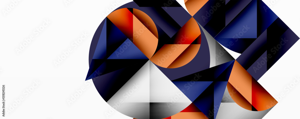 Poster Abstract geometric design with intersecting circles, triangles, squares and sharp angles creating a layered composition with gradients, depth, and contrast