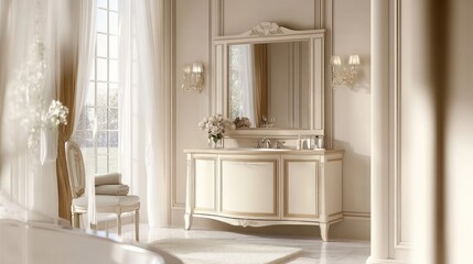 Fototapeta premium A traditional bathroom vanity mirror with elegant detailing and matching accessories.