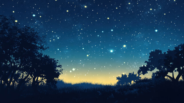 Night sky landscape with trees and stars - Powered by Adobe