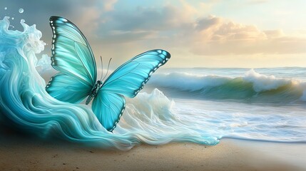 Fototapeta premium A vibrant blue butterfly resting near ocean waves under a beautiful sky.