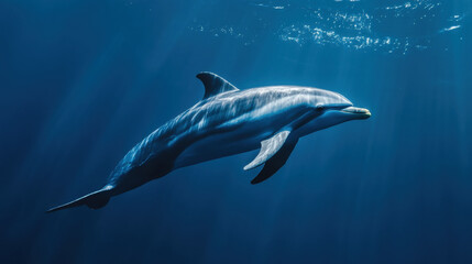 Obraz premium Dolphin swimming underwater in ocean with sun rays