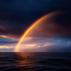 Stunning rainbow over tranquil ocean waves.