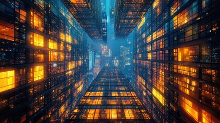 Abstract pattern of skyscraper windows with varied interior light colors