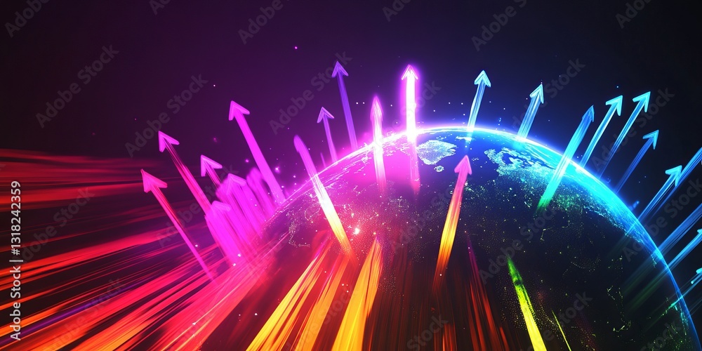 Poster a colorful image of a planet with many arrows pointing in different directions. concept of movement 