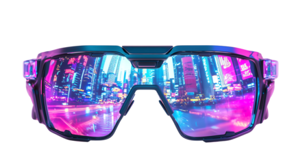 Png Futuristic Cyberpunk Goggles Reflecting Neon Cityscape at Night isolated on transparent background
