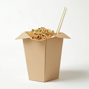 Noodles in a takeout container with chopsticks. (1)