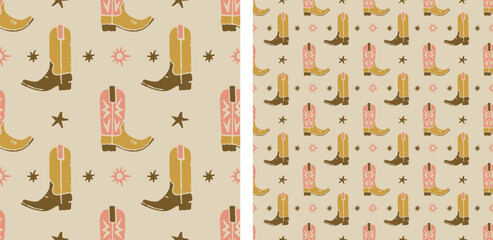 Cowboy Boots, Cowgirl Cute western boho vintage illustration earthy boho seamless pattern