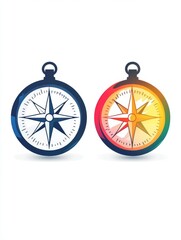 Two colorful compasses, one navy blue, the other a gradient of orange, red, yellow, and purple