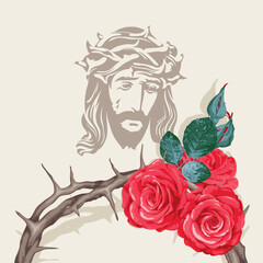 Easter banner or greeting card with portrait of crying Jesus Christ, with crown of thorns and red roses. Vector illustration on religious theme with Son of God
