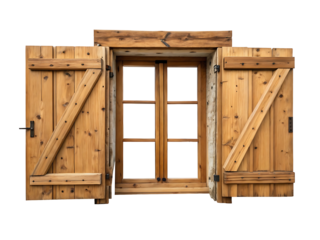 Vintage wooden window frame with open shutters, featuring two glass panes divided by a crossbar,