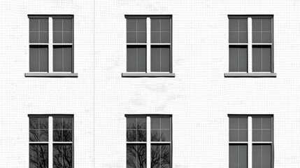 Architectural photographic study of white brick building facade with symmetrical windows urban environment front view