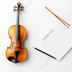 Fototapeta premium Wooden violin with notebook and pencils.