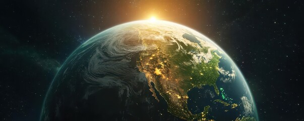 Fototapeta premium Sunrise Over Earth with Illuminated Cities and Starry Sky