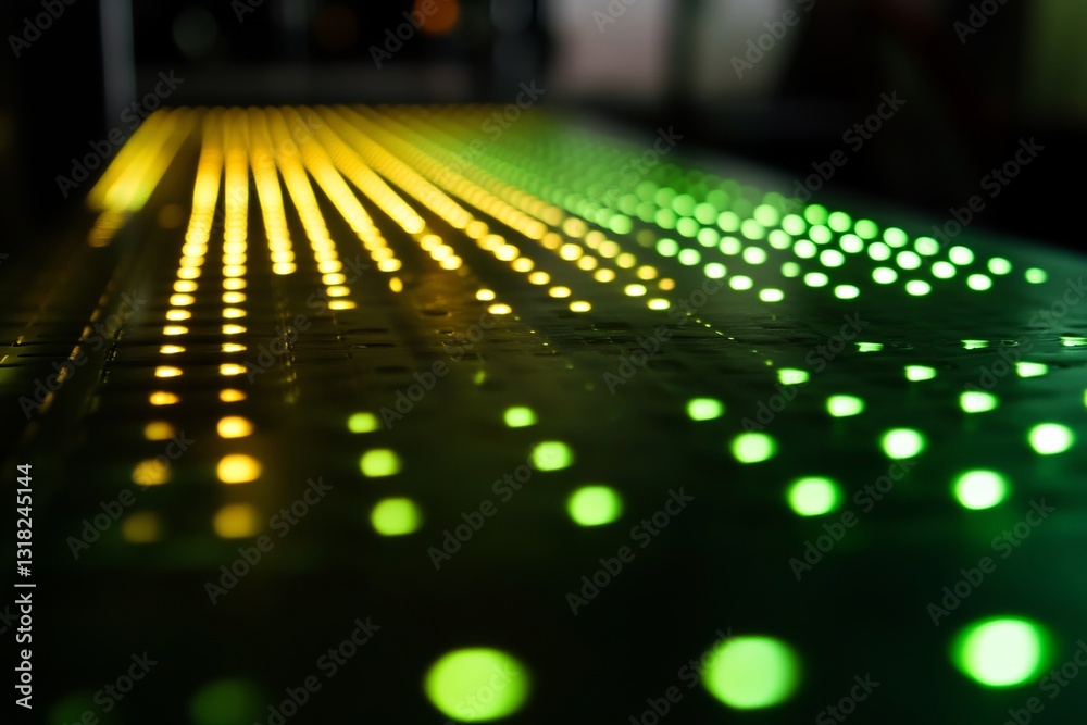 Poster this image shows a stunning array of colorful lights creating a vibrant pattern on a smooth surface,