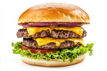 Delicious double cheeseburger on white backdrop with layers of fresh ingredients culinary delight