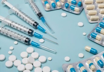 Medical Supplies Still Life: Syringes, Pills, Capsules, and Blister Packs on Blue Background for Healthcare and Pharmaceutical Concepts