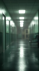 Obraz premium A long hallway with a green wall and a bench in the middle. The hallway is dimly lit, giving it a mysterious and eerie atmosphere