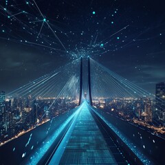 Fototapeta premium Futuristic Digital Bridge Overlooking Illuminated Cityscape at Night with Abstract Designs