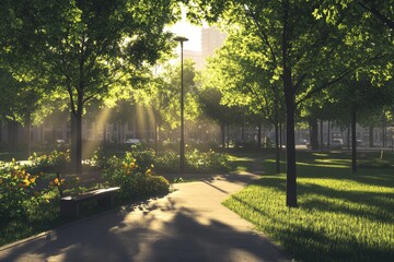Obraz premium A serene urban park features lush greenery and vibrant flowers illuminated by morning sunlight, creating an inviting atmosphere for relaxation and leisure.