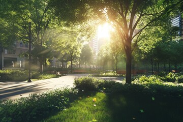 Obraz premium Serene Urban Park with Sunlight Filtering Through Lush Green Trees