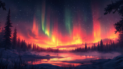 Fototapeta premium Aurora Borealis over a snowy lake