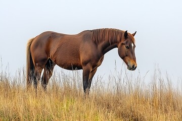 Fototapeta premium Brown horse grazing autumn field