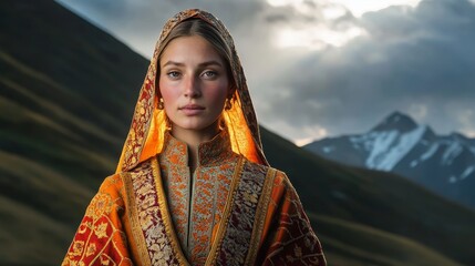 Traditional Georgian Woman in Vibrant Dress Against Majestic Mountain Backdrop