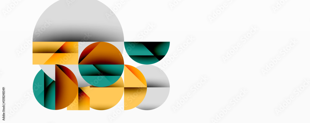 Poster Modern abstract composition with layered circles and angular segments featuring gradients, transparency effects, and a structured geometric layout