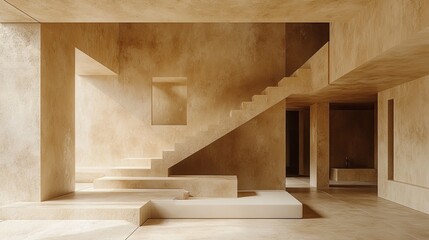 Minimalist house interior with a brown and beige concrete design aesthetic. 