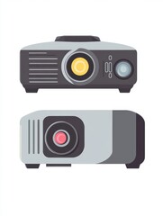 Two flat illustrations of a projector, showing front and back views