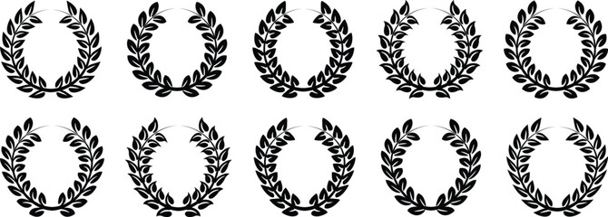 Set of wreaths and branches with leaves. Hand drawing laurel wreaths and branches collection. Laurels wreaths vector illustration