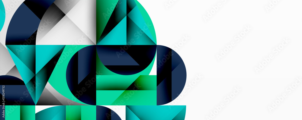 Poster Modern abstract composition with layered circles and angular segments featuring gradients, transparency effects, and a structured geometric layout