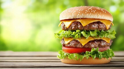 Delectable double cheeseburger on wooden table with green bokeh background captivating culinary delight