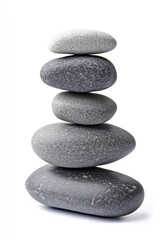 Stacked grey and white smooth stones on white background.