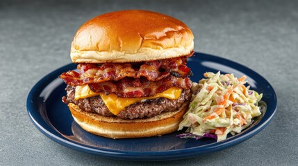 Delicious bacon cheeseburger with cole slaw on dark blue plate in vibrant light and soft focus studio shot