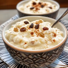 A creamy bowl of rice pudding topped with raisins and cinnamon, with another similar bowl in the background, creating a cozy and appetizing vibe.
