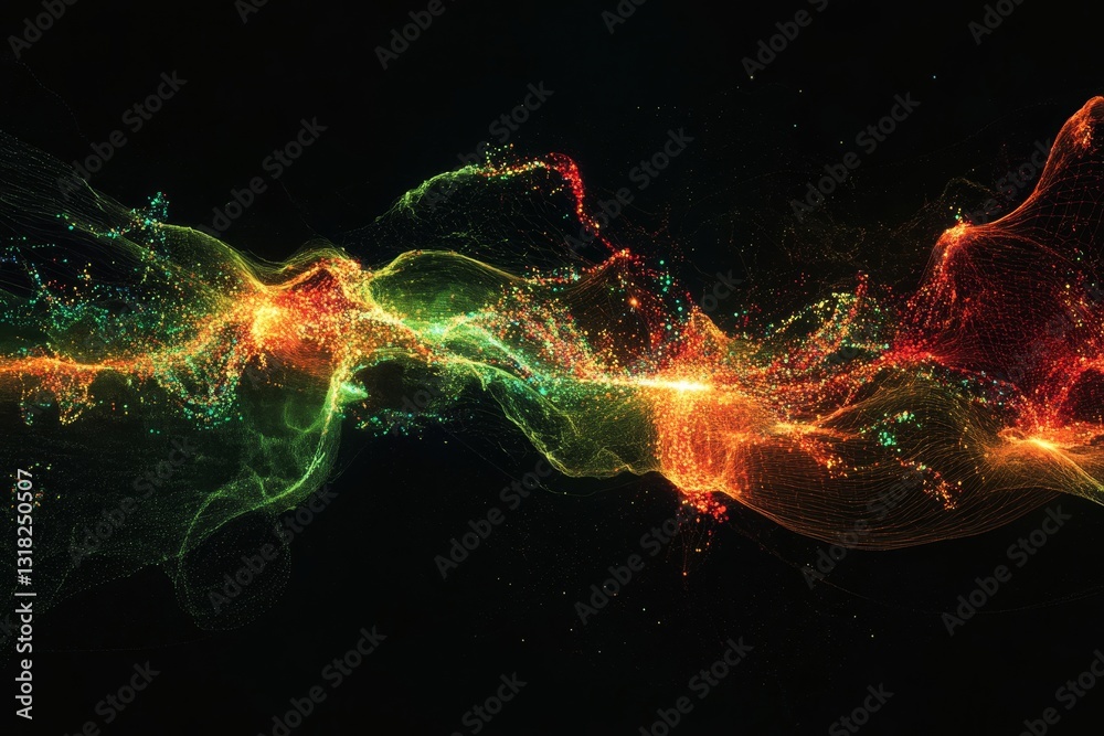 Poster this vibrant abstract image showcases colorful waves of light with glowing particles. perfect for ba