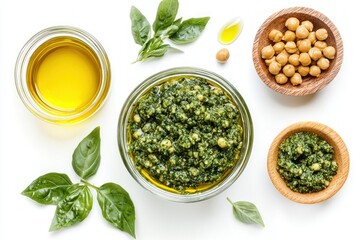 Top View of Homemade Pesto Sauce with Fresh Basil Olive Oil and Chickpeas on a White Backdrop